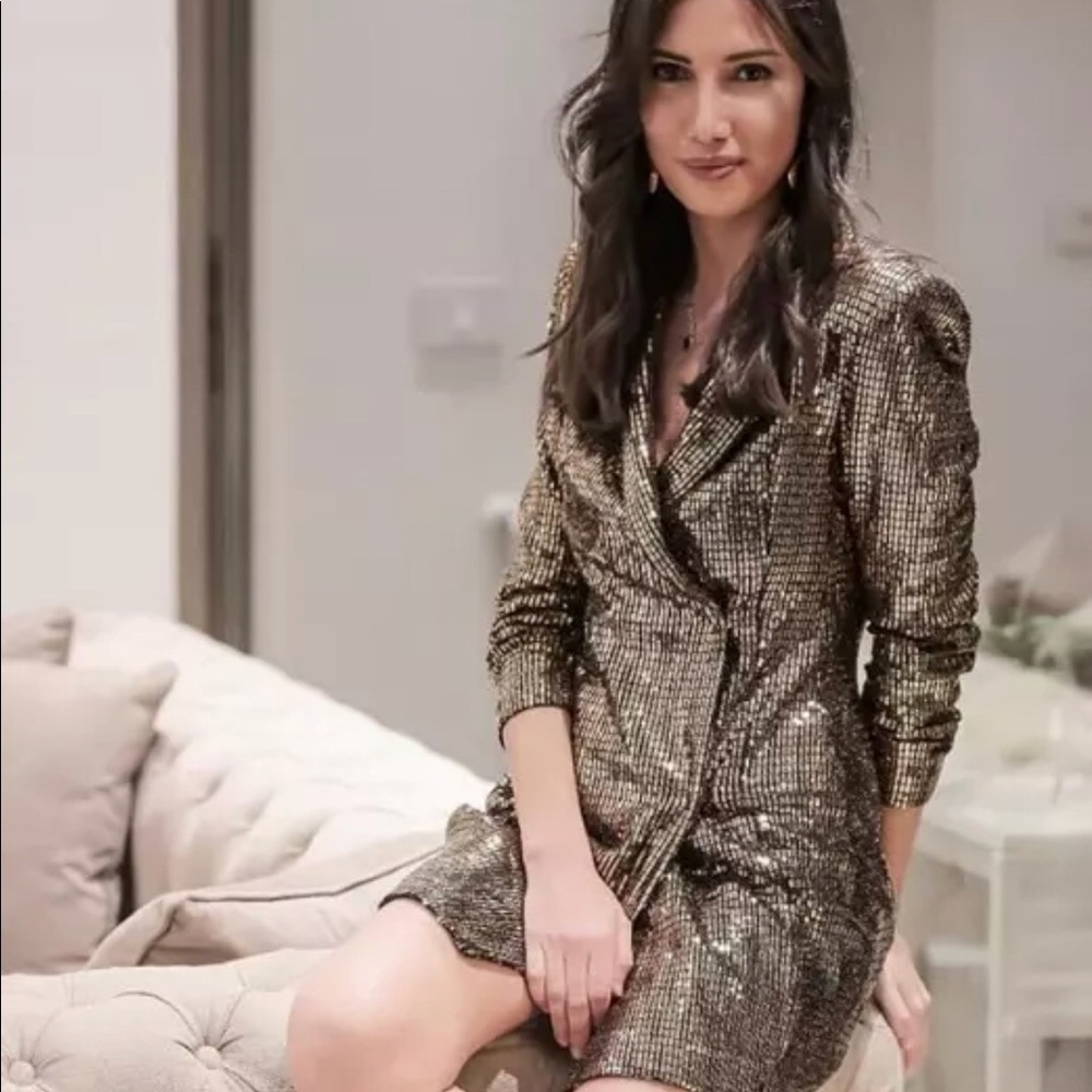 ❤️NWT ZARA SHORT MINI BLAZER DRESS GOLDEN gold